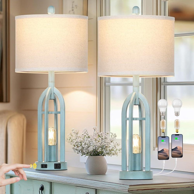 27" Farmhouse Table Lamps for Living Room,Blue Vintage Lamps Set of 2 with USB A+C Charging Ports & AC Outlet, Retro Nightstand Lamp with Fabric Shade for Bedroom, Entryway(4 Bulbs Included)