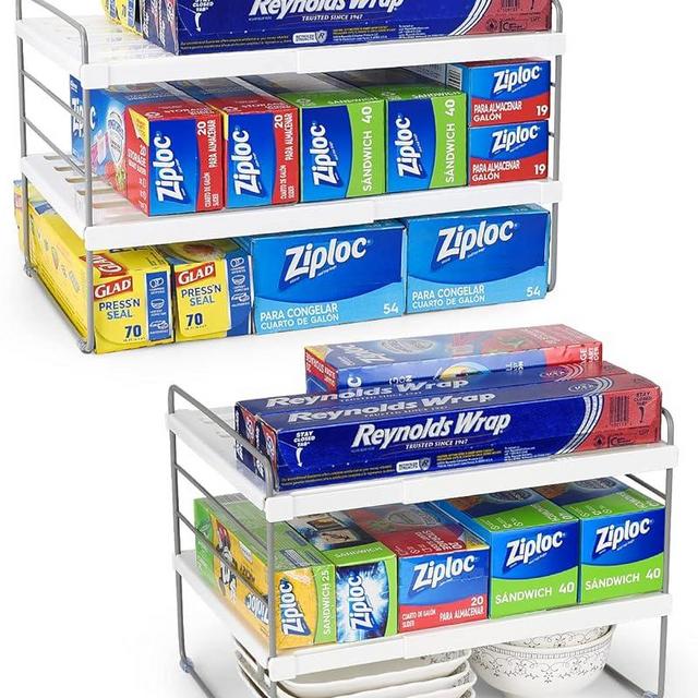 2 Pack Expandable Kitchen Wrap Organizer Rack, Height & Width Adjustable Aluminum Foil and Plastic Wrap Organizer for Pantry, Cabinet Food Wrap Organization and Storage - (3 Tier 9.8 to 15.6"L)