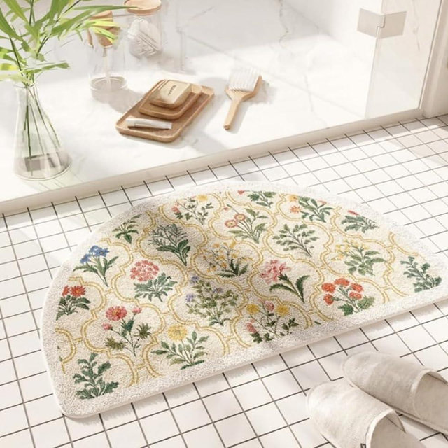 gdmgdr Spring Floral Bathroom Rug 32" x 20" Wild Flowers Bathroom Mat Boho Floral Bath Rug (Semicircular, Yellow)