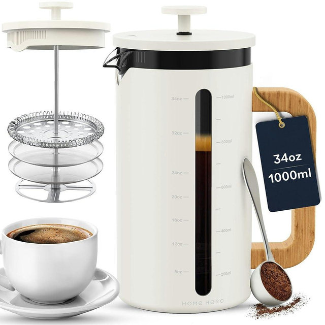 Home Hero French Press Coffee Maker - 34 oz Coffee Press with Bamboo Wood Handle, Heat Resistant Thick Borosilicate Glass French Presses, 4 Layer Filter, French Press Stainless Steel (Light Cream)