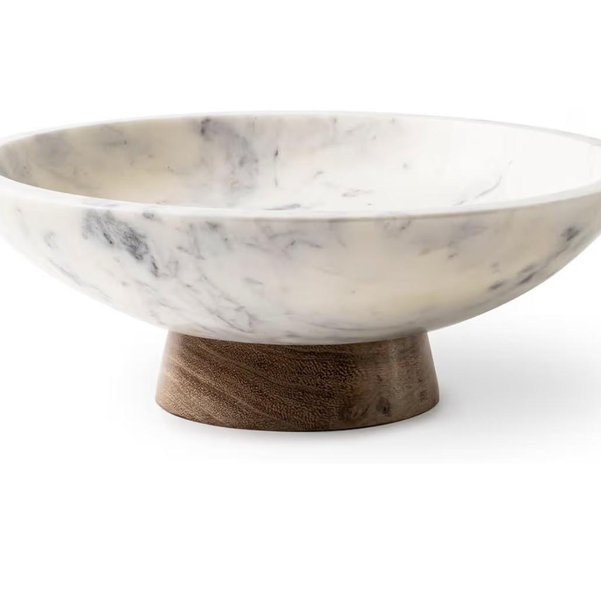 Cork & Mill Marble Decorative Bowl for Home Decor - Handcrafted Natural Stone with Acacia Wood Pedestal - Versatile 11" Catch All for Entryway, Kitchen Fruit Bowl, Potpourri, Dining Table Centerpiece