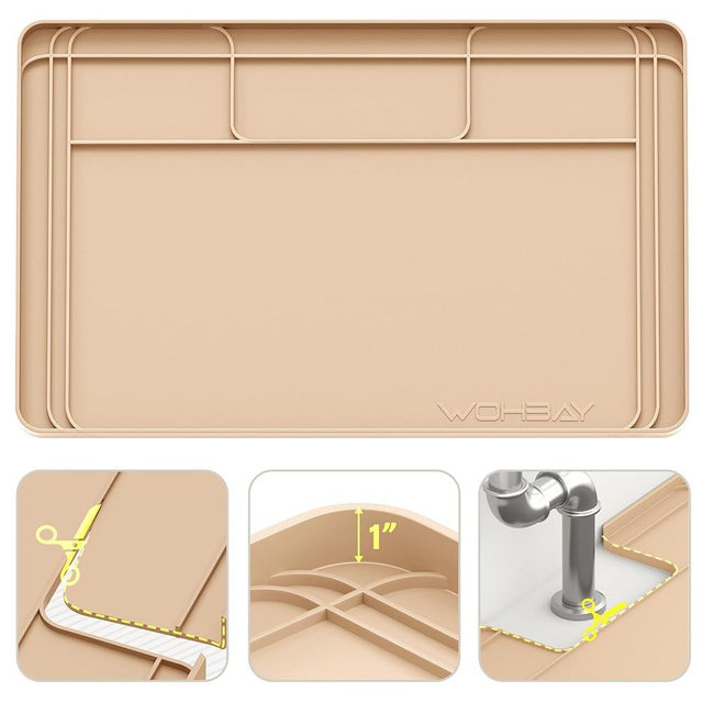 Wohbay Under Sink Mats for Kitchen Waterproof, Cut to Fit Under Sink Drip Tray for Kitchen Bathroom Cabinets, Silicone Under-Cabinet Hold Up to 3.3 Gallons Liquid, 34" X 22" Or Smaller -Khaki