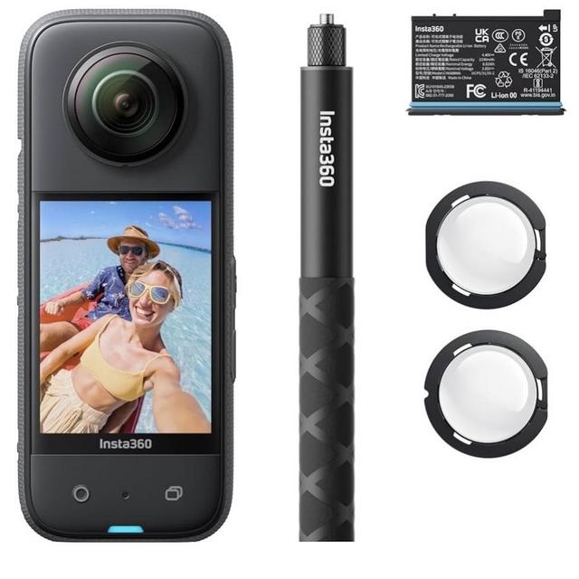Insta360 X3 Starter Bundle - Waterproof 360° Action Camera with 1/2 Inch Sensor, 5.7K 360°, 72MP 360° Photos, Stabilisation, 2.29" Touch Screen, Vibration Feedback, AI Editing, Live Streaming