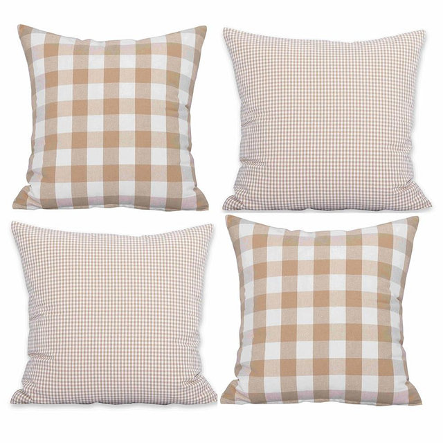 LFH Home Buffalo Farmhouse Gingham Outdoor Pillow Covers Soft Cotton Rich Decorative Throw Pillow Covers with Zipper Fade Resistant Reusable Machine Washable 18x18 Set of 4 - Beige