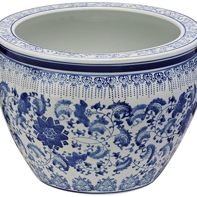 Oriental Furniture 14" Floral Blue & White Porcelain Fishbowl