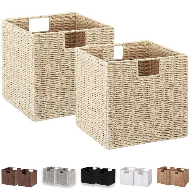 Vagusicc Wicker Storage Basket, Set of 2 Hand-Woven Paper Rope Storage Baskets, Foldable Cube Storage Organizer Bins, 11 Inch Wicker Storage Baskets for Shelves and Decor, Square Storage Basket, Beige