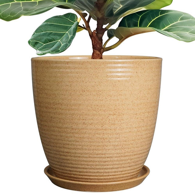 EPFamily Ceramic Plant Pot 12 Inch - Large Planter for Indoor Plants Outdoor Flower Pot with Drainage Hole and Saucer Round Decorative Planter for Home Patio Garden Balcony Yellow