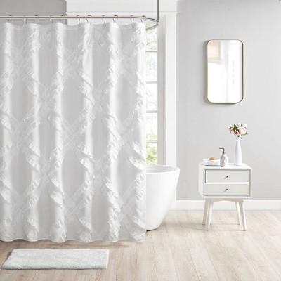 Elia Tufted Diamond Ruffle Shower Curtain White