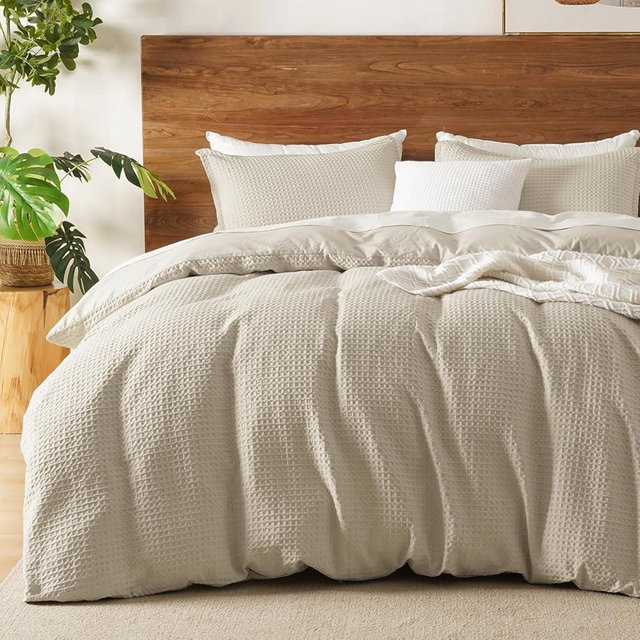 David's Home Waffle Weave Duvet Cover Set Queen Size,Soft Breathable 3pcs Comforter Cover Set with 2 Pillowcases,Textured Home Decor Bedding Set Cozy for All Seasons, Nature 90"×90",No Comforter