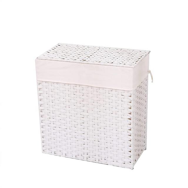 Raintain Laundry Hamper with Lid and Removable Liner Hampers for Laundry 2 Compartment Divided Handwoven Synthetic Rattan Laundry Basket for Bathroom White