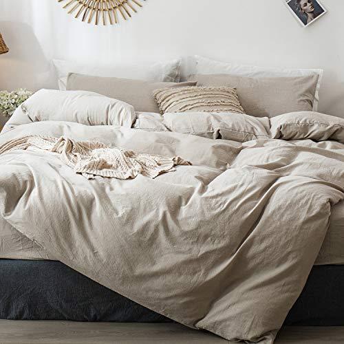 MOOMEE Bedding Duvet Cover Set (1 Comforter Cover + 2 Pillow Shams) 100% Washed Cotton Linen Like Textured Breathable Durable Soft Comfy (Solid Linen, Queen)