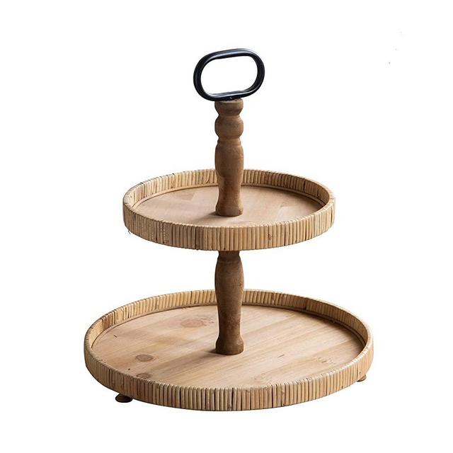 YMLHOME 2 Tier Tray Rustic Farmhose Decor Tray with Metal Handle Round Wood Tiered Serving Tray Stand for Decor and Serving Fruit Cake Desserts Snack Candy Nuts