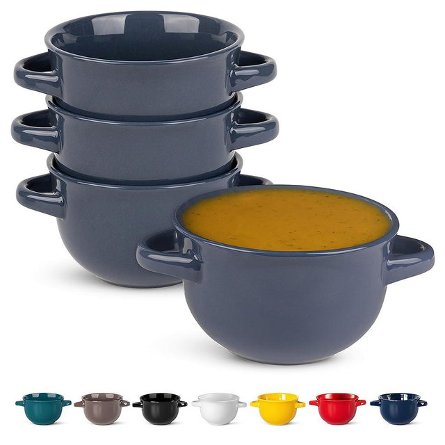 Kook French Onion Soup Crocks with Handles, Ceramic Bowls, for Rice, Dessert, Pasta, Dishwasher, Microwave, Oven & Broil Safe, Set of 4, 18 oz (Denim)