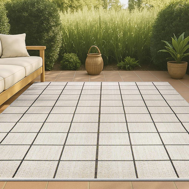JONATHAN Y SMB200A-4 Grid Modern Squares Indoor Outdoor Modern Contemporary Transitional Area Rug,High Traffic,Kitchen,Living Room,Backyard,Non Shedding,4 X 6,Cream/Black