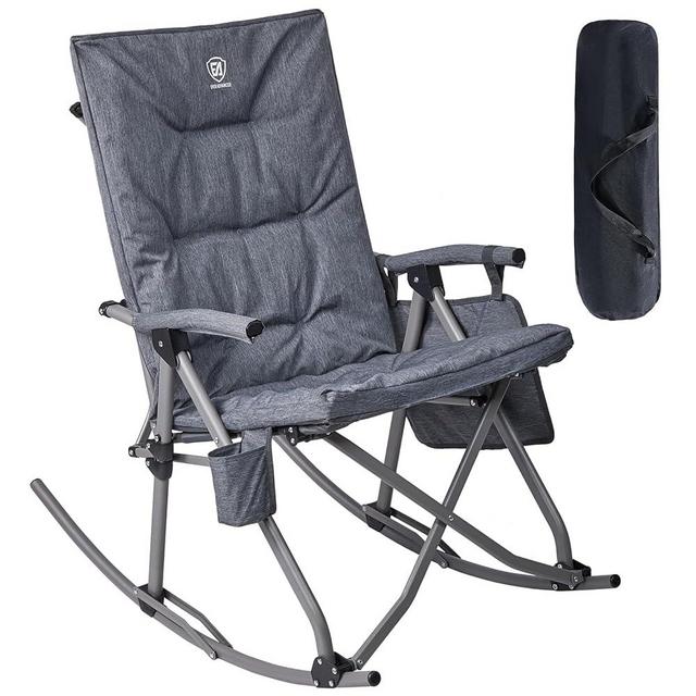 EVER ADVANCED Oversized Folding Rocking Camping Chair, Padded Portable Rocker Chair for Patio, Lawn and Outdoors, Heavy Duty Hard Armchair for Adults Supports 300lbs, Grey