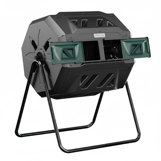 East Oak Compost Tumbler Outdoor, 43-Gal Dual Chamber Compost Bin with 2 Sliding Door and Aeration System, Tumbling Rotating Composter Bin for Garden, Kitchen, Yard