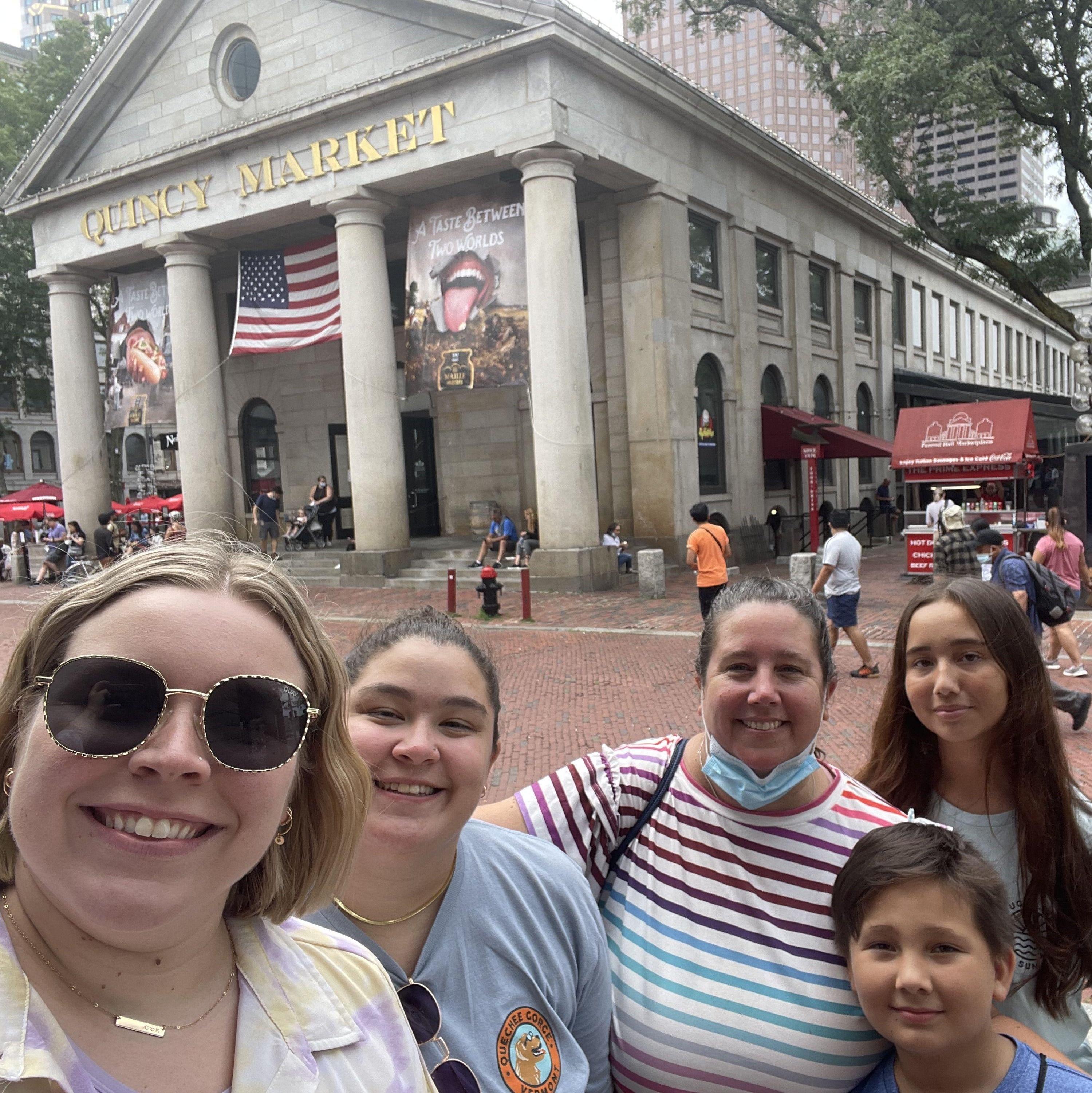 Carol, Kayla, Auntie Kelly, Sophie, & Xander in Boston at Quincy Market