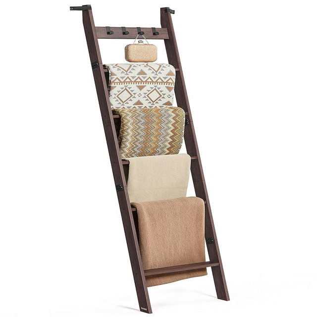 VASAGLE Blanket Ladder, 6-Tier Ladder Shelf, Ladder Rack for Storage and Decor, Towel Ladder with 4 Removable Hooks, Decorative Farmhouse for The Living Room, Bedroom, Maroon Brown ULLS038K01