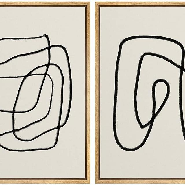 SIGNWIN Framed Wall Art Print Set Black Lines Over Tan Plain Background Abstract Swirly Cozy Neutral Modern Art Mid-Century Modern Expressive for Living Room, Bedroom, Office - 24"x36"x2 Panels
