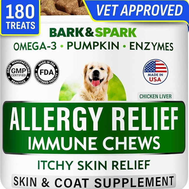 BARK&SPARK Dog Allergy Relief Soft Chews for Skin Health & Seasonal Allergies - Anti-Itch Supplement w/Omega-3, Quercetin & Bromelain Immune Treats for Dry Skin & Hot Spots - Chicken Liver - 180ct