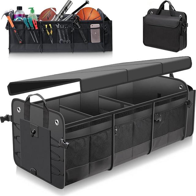 MOJIOO Large Trunk Organizer with Removable Cooler Bag-Collapsible Multi Compartments w/Foldable Cover, Non Slip Bottom Cargo Storage Suitable for Any Car, SUV, Truck, or Van(3 compartments,Black)