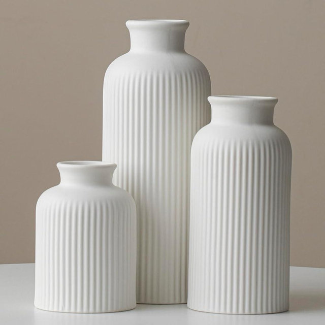 Large Modern Ceramic Vase Set, White Ribbed Matte Design, 3-Piece Decorative Vases for Home, Living Room, Office (XL White)