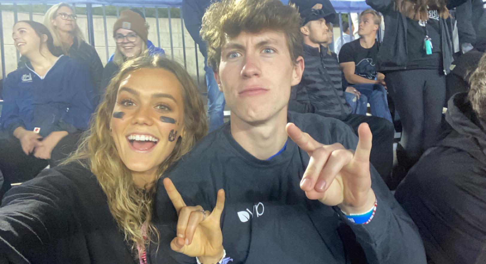 USU football game! (yes Jake did take off the black long sleeve revealing the royal blue BYU shirt)