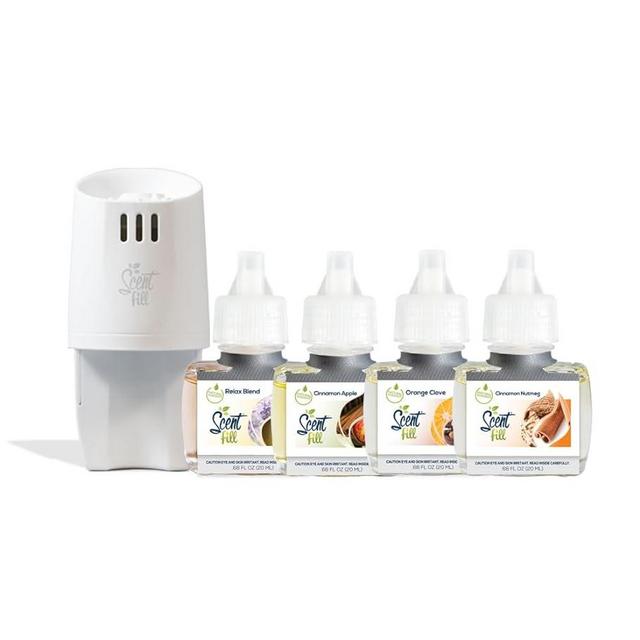Scent Fill Fall Plug in Air Freshener Kit (Relax Blend, Cinnamon Apple, Orange Clove, Sweet & Spicy Cinnamon Nutmeg), 4 Refills + Diffuser