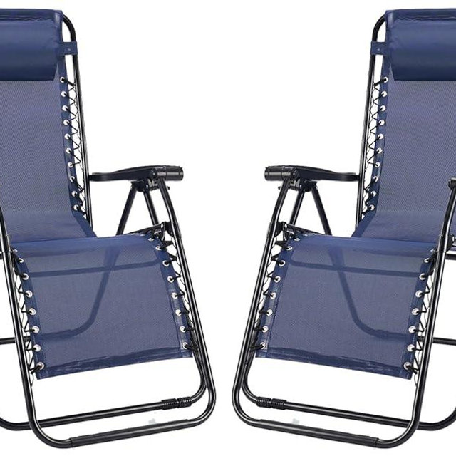 NEWBULIG Zero Gravity Chair Set of 2, Lounge Chair Folding Portable Adjustable Camping Reclining Chairs with Adjustable Pollow, Mesh Back, Cup Holder Trays Lawn Patio Chair for Pool Beach - Blue