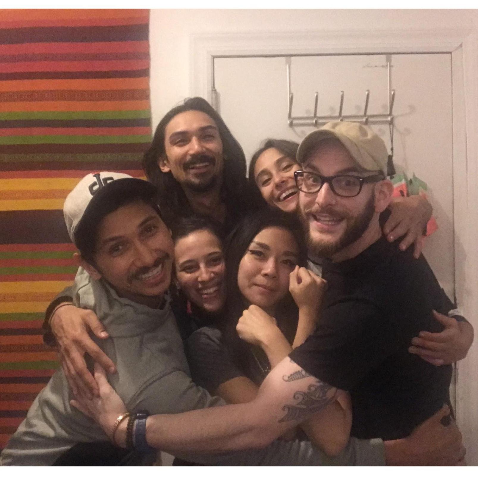 Group hug before Malaika left for Hong Kong for a job assignment (Nikos and Chelsea in the back, Andre, Alexis, Malaika, and Elliot in the front)