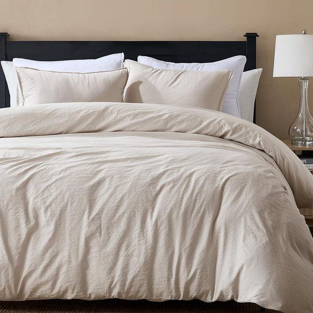 WDCOZY Beige Queen Size Jacquard Duvet Cover Set with Zipper Closure, Modern Washed Soft Striped Bedding, Textured Seersucker Like Cotton Linen, 1 Duvet Cover and 2 Pillow Shams, No Comforter