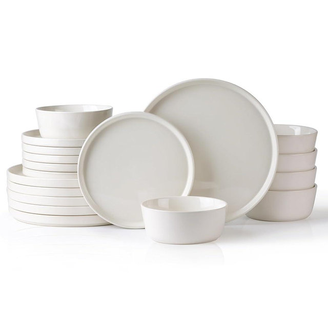 AmorArc Ceramic Dinnerware Sets for 6,18 -Piece Double Color Stoneware Plates and Bowls Set,Chip and Crack Resistant | Dishwasher & Microwave Safe Dishes Set,Service for 6 -Cream
