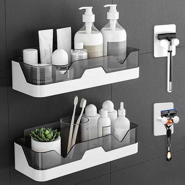 2-Pack Adhesive Shower Caddy, Shower Shelves with Hooks, No Drilling Shower Racks for inside shower & Kitchen Storage