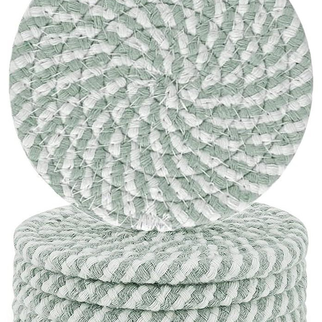 Absorbent Drink Coasters Handmade Braided Drink Coasters 6 Pack (4.3 Inch, Round, 8mm Thick) Super Absorbent Heat-Resistant Coasters for Drinks Great Housewarming Gift (Mixed-Green)