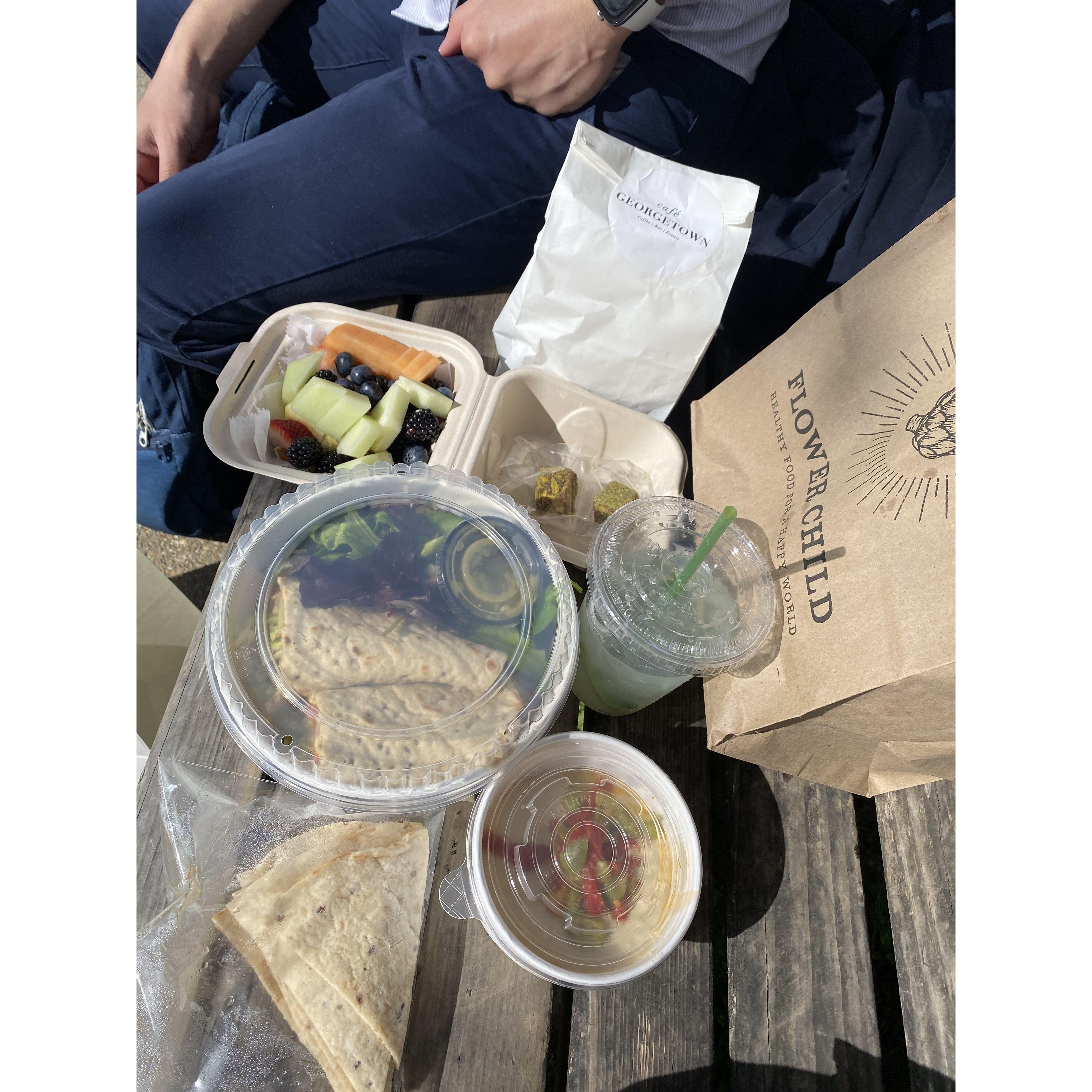 The day of the proposal, Josh coordinated a surprise scavenger hunt through Georgetown, Washington, D.C., ending with a picnic lunch (which Josh didn't eat because he was nervous about the proposal).