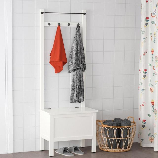 HEMNES Storage bench w/towel rail+4 hooks, white25 1/4x14 5/8x68 1/8 "