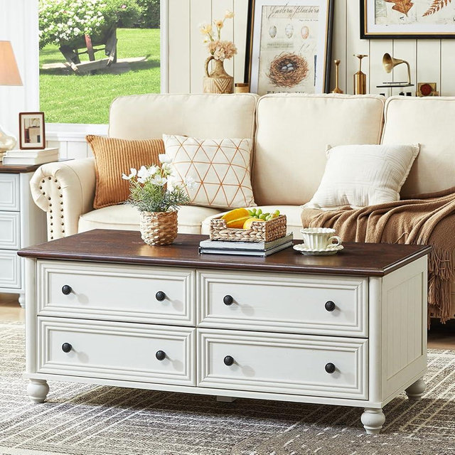 RWYHG 48" Farmhouse Coffee Table with Hidden Storage,Wooden Coffee Tables with 4 Drawers & Roman Column Handle,Rectangular Rustic Center Table with Solid Wood Curved Base for Living Room,Office,White