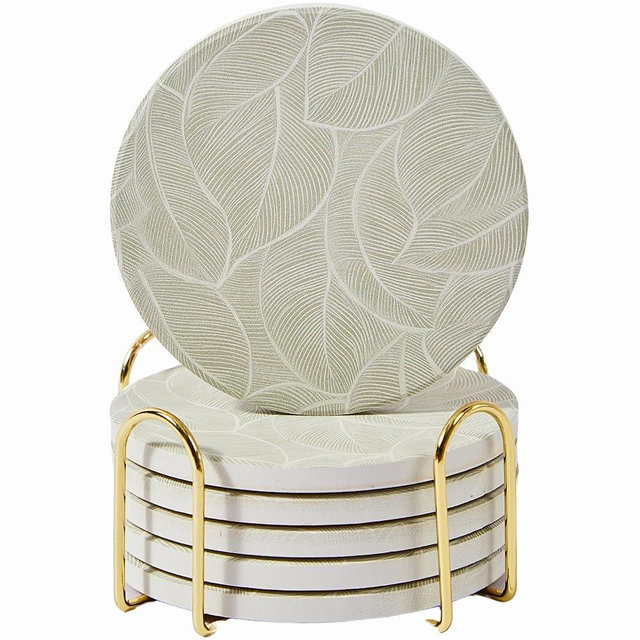 Marble Absorbent Coasters with Holder Set of 6, Coasters for Drinks, Coasters Coffee Table, Coaster Set, Marble Coasters, Drink Coasters, Stone Coasters for Drinks Absorbent (Leaf)