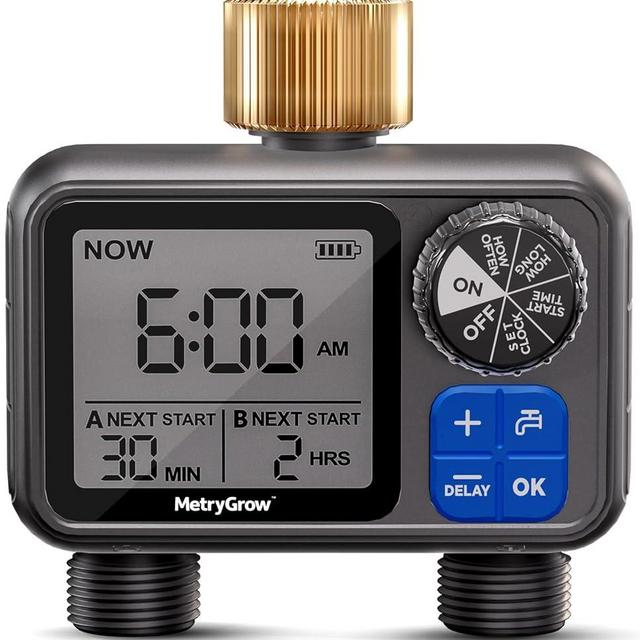 Sprinkler Timer, Programmable Irrigation Water Timer with 2 Brass Inlet for Garden Hose, Automatic Watering System for Yard Lawn, Rain Delay