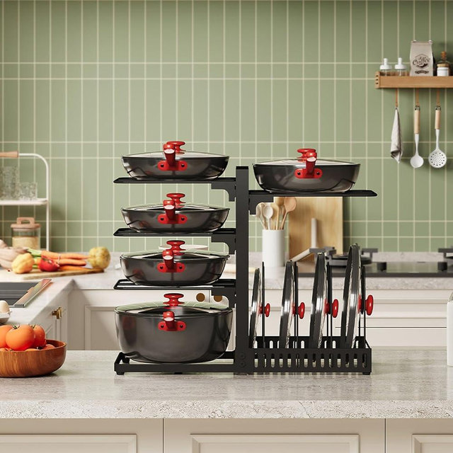 CHOEZON pots and Pans Organizer Under Cabinet, Pot and Pan Organizer Rack, Two-Sided Cookware Holder with Lid Storage, Adjustable Pan Organizer, Pot Holders, for Kitchen, Black TPR40BB