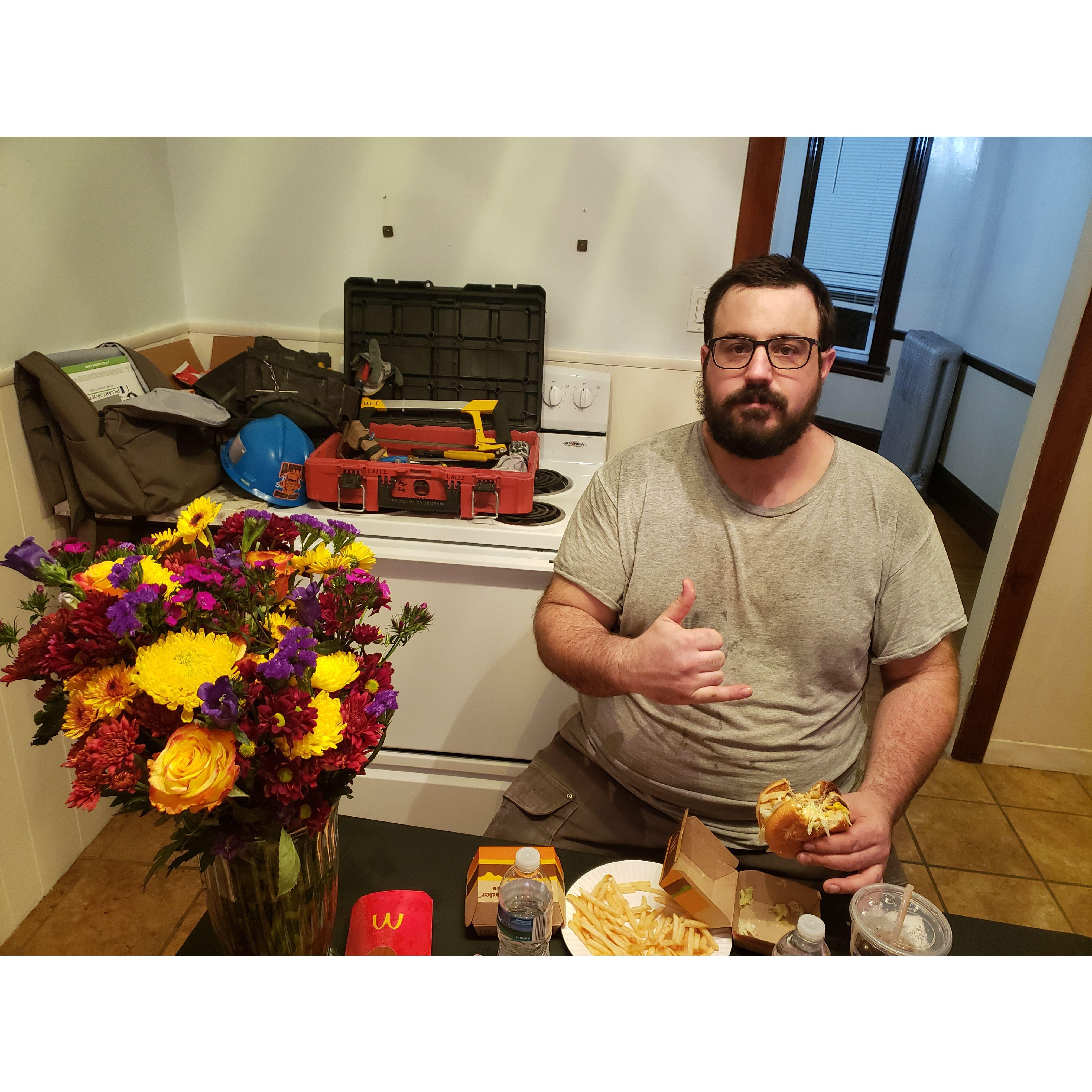 One of the first post construction photos! He still bought me flowers & dinner :)