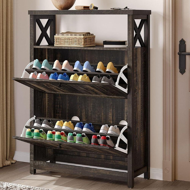 YITAHOME Shoe Cabinet with 2 Flip Drawers, Entryway Shoe Storage Cabinet with Open Shelves, Free Standing Hidden Shoe Rack Storage Organizer for Entryway/Hallway/Closet, Dark Rustic Oak