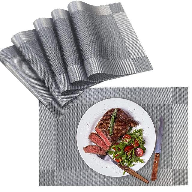 Set of 6 placemats,Heat-Resistant Stain Resistant Anti-Skid Placemats for Kitchen Table,Washable Durable PVC Table Mats Woven Vinyl Placemats (Silver)