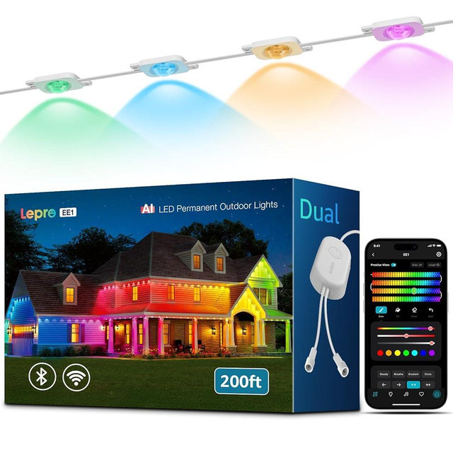 Lepro EE1 AI Permanent Outdoor Lights with Dual-Output, 200ft 120 LED RGB+IC Smart Outside Light for House Christmas Decor,Alexa Google Enabled 2.4 GHz WiFi/Bluetooth, APP Control No Remote Controller
