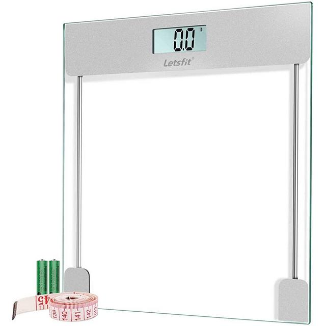 Letsfit Digital Body Weight Bathroom Scale with Step-on Technology, 6mm Slim Glass, High Accuracy and Precision 400 lbs Max, Large Premium Backlit Display, Tape Measure and Batteries Included