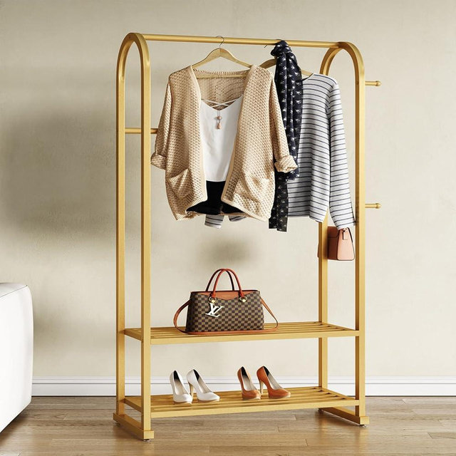BUZUEY Gold Clothing Rack with 2 Shelves and Side Hooks,Freestanding Metal Garment Rack for Hanging Clothes,Heavy Duty Clothes Rack with Shoe Storage,Modern Clothing Rack for Bedroom,Entryway,Closet