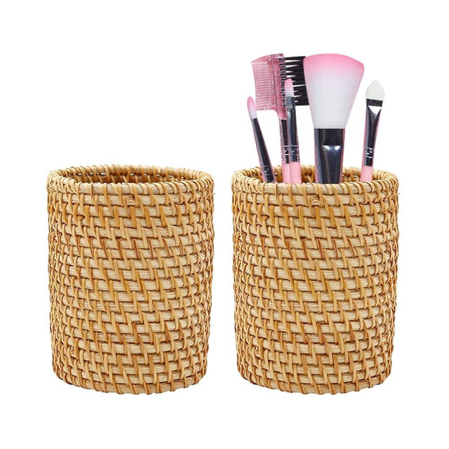 ZUDKSUY 2 Pack Rattan Pencil Holder Handmade Pen Organizer Boho Desk Accessories Pen Cup Holder Aesthetic Holder for Desk Cute