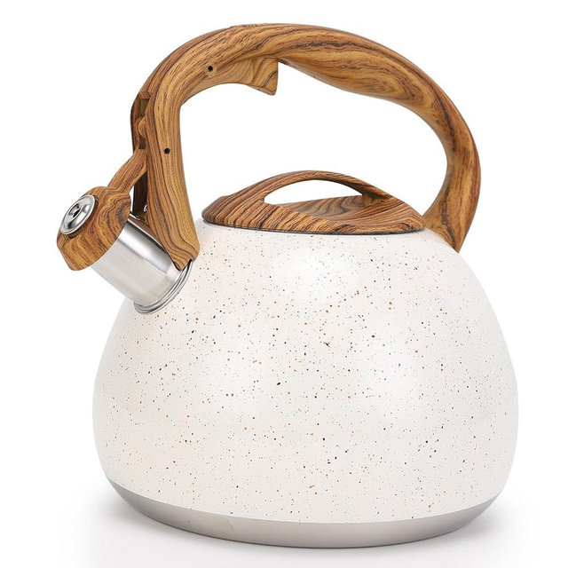 Tea Kettle, Vegoran 100 OZ / 3 Liter Whistling Tea Kettle, Tea Pots for Stove Top Food Grade Stainless Steel with Wood Pattern Folding Handle, Loud Whistle Kettle for Tea, Coffee, Milk (B-White)