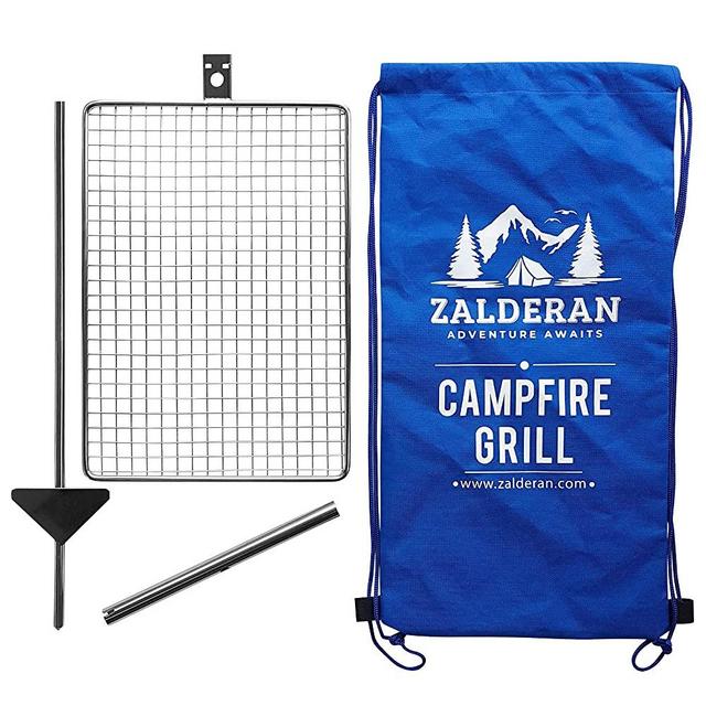 Zalderan Campfire Grill Grate. Small Lightweight, Stainless Steel, Portable, Backpack Hiking Grill. Adjust the height while cooking to maintain the perfect temperature. For outdoor fire pit camping. Fast and easy to set up.