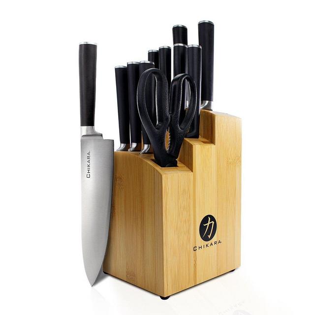 Ginsu Gourmet Chikara Series Forged 12-Piece Japanese Steel Knife Set – Cutlery Set with 420J Stainless Steel Kitchen Knives – Bamboo Finish Block, 07112DS